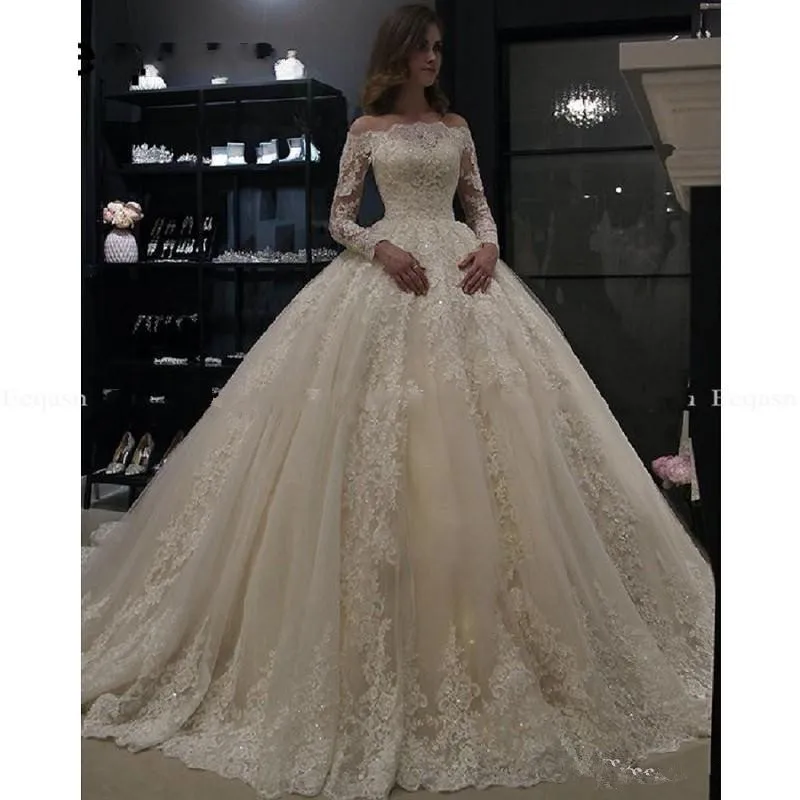 Luxury Princess Ball Gown Wedding Dresses 2020 Ivory Muslim Lace Dubai Arabic Bridal Gowns Long Sleeves Robe De Mariee