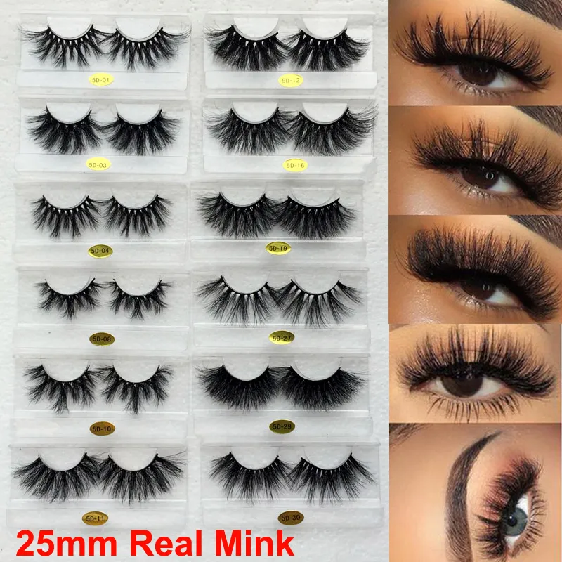 3D Mink Eyelashes 25mm Real Mink False Eyelash 5D False Eyelashes Lång dramatisk naturlig Tjock Mink Lashes Handgjorda smink Volumn Lashes