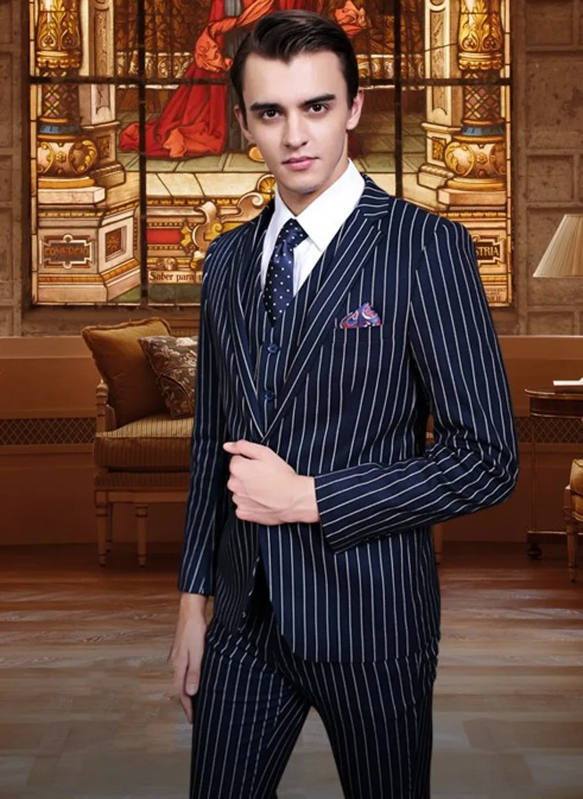 Nouvelle Arrivée - Bleu Marine Stripe Hommes Tuxedos De Mariage Notch Lapel Groom Tuxedos Fashin Hommes Veste Blazer 3 Pièce Costume (Veste + Pantalon + Cravate + Gilet) 2480