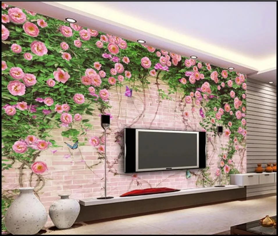 3d Room Wallpaper Custom Photo Pink Rose Flower Stone Wall Living Room