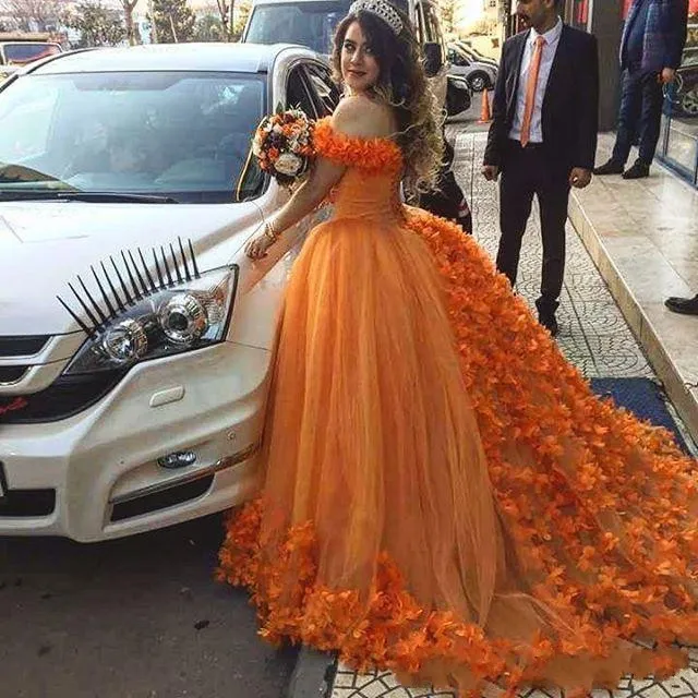 orange quince dress Quinceanera Dresses Ball Gowns Tulle Flowers Off Shoulder alinanova and beads Orange Off-Shoulder Ball Gown Orange