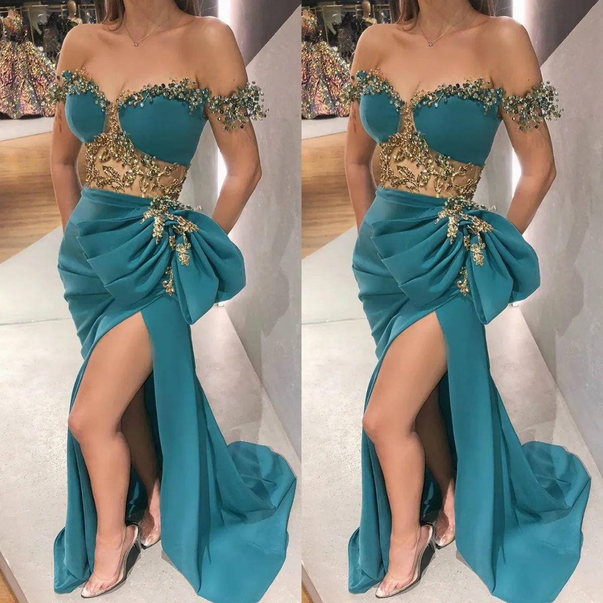 Split Sexy Beaded Mermaid Prom Dresses Off the Shoulder Long Special Ocn Evening Dress Arabic Cheap Reception Gowns