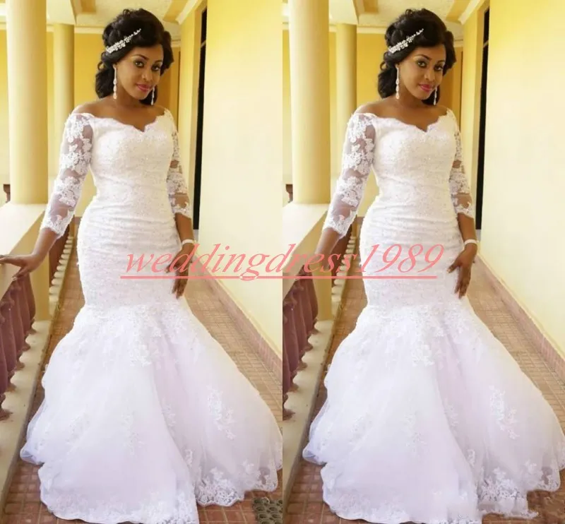 Atemberaubende Spitze-Meerjungfrau-Brautkleider in Übergröße mit 3/4-langen Ärmeln, nigerianische Pailletten, afrikanische Braut-Robe de Mari￩e, Brautkleider für die Hochzeit