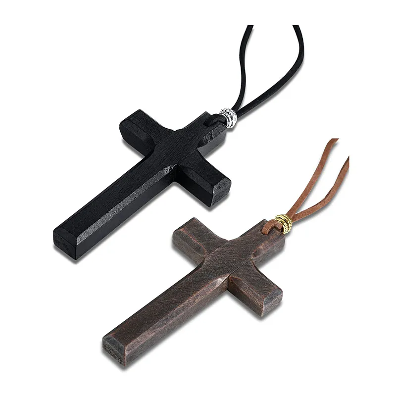 Large Wood Necklace with Leather Cord Hand Carved Necklace Faith Jesus Mens jewelry5454133