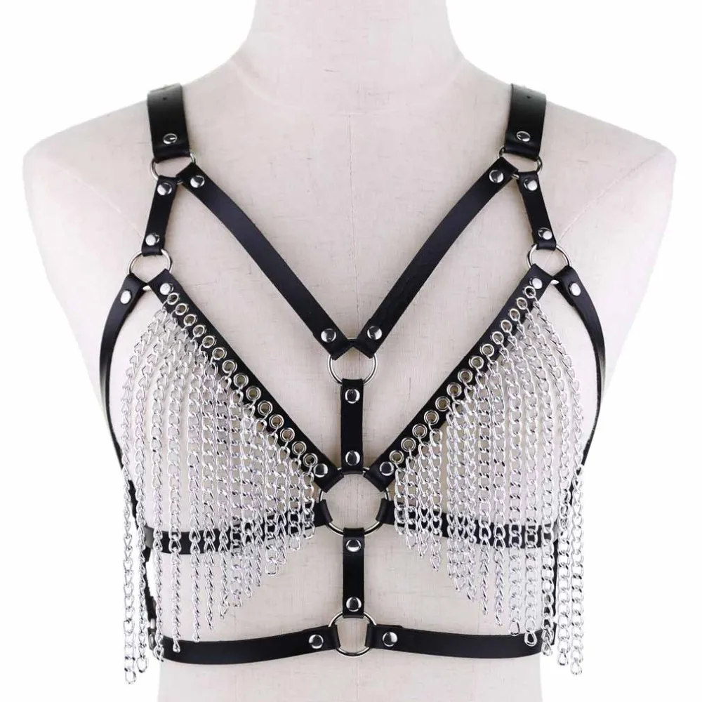 Leather Chain Harness Body Chain Bra Goth Punk Sexy Chain Top