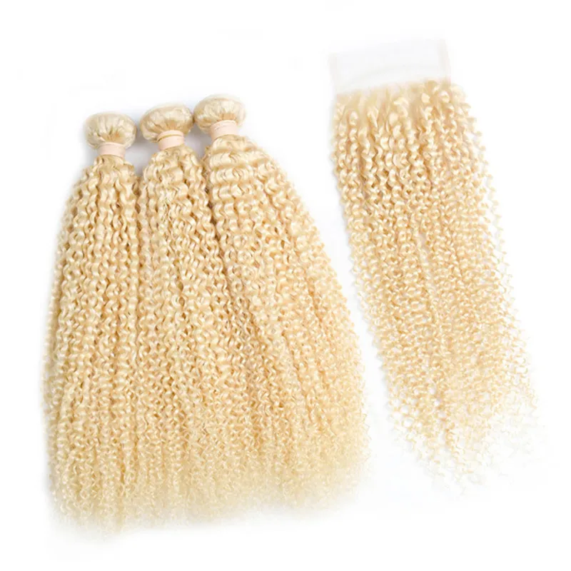 DHL Fedex za darmo 100G kawałek 3PCS Brazylijskie włosy Malezja Kinky Curly Blond Hair Kolor 613 wiązki z zamknięciem