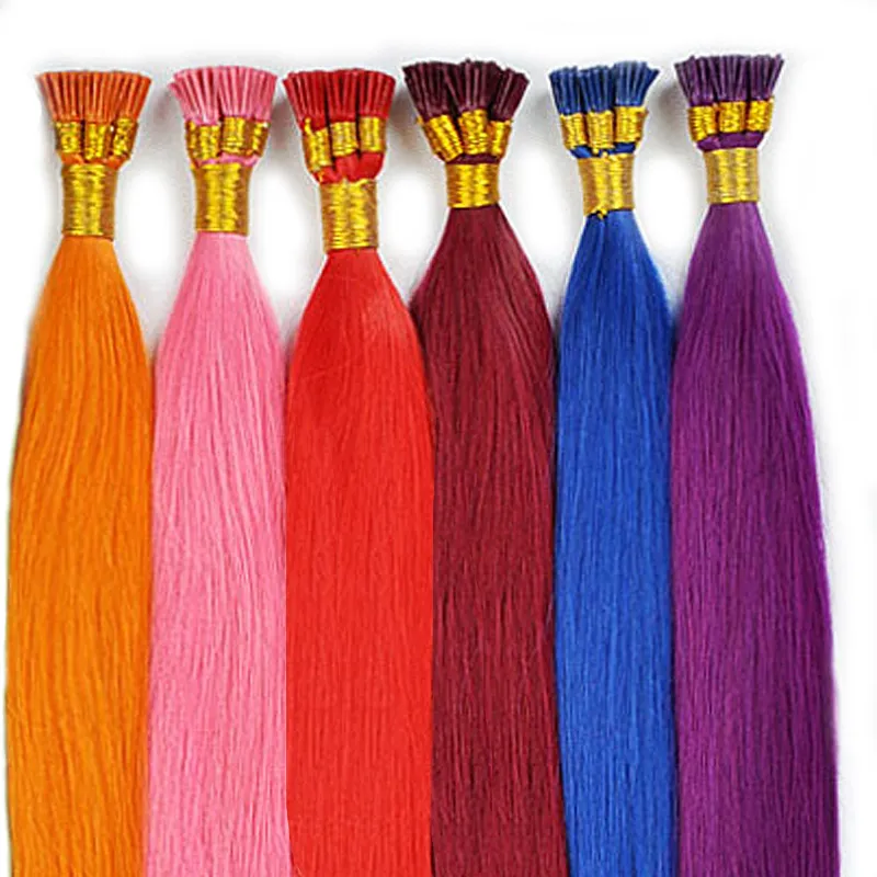 Hot Sell 100% Real Brazilian Keratin Hair Treatment I Tips Hårförlängning Blå Röd Grå Rosa Röd Lila Olika färgat hår 14-24 tum