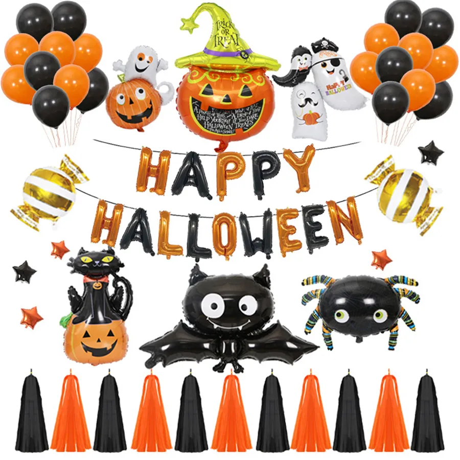Feliz Dia das Bruxas Balões Set Decorações Do Partido de Halloween Decorações Charme Balão Abóbora Bat Bat Papel Tassels Festa Fontes JK1909