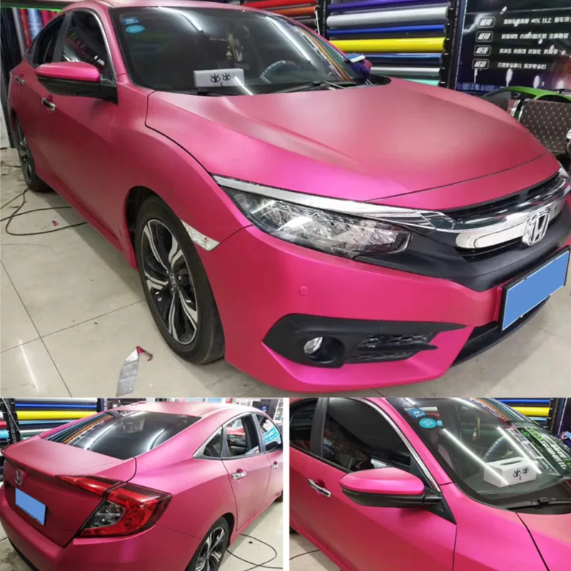 Lyx Keramik Satin Matt Chrome Rose Red Vinyl Bil Wrap Film för Vehicle Covering Wrapping With Air Release Folie Klistermärke Storlek 1,52x20m