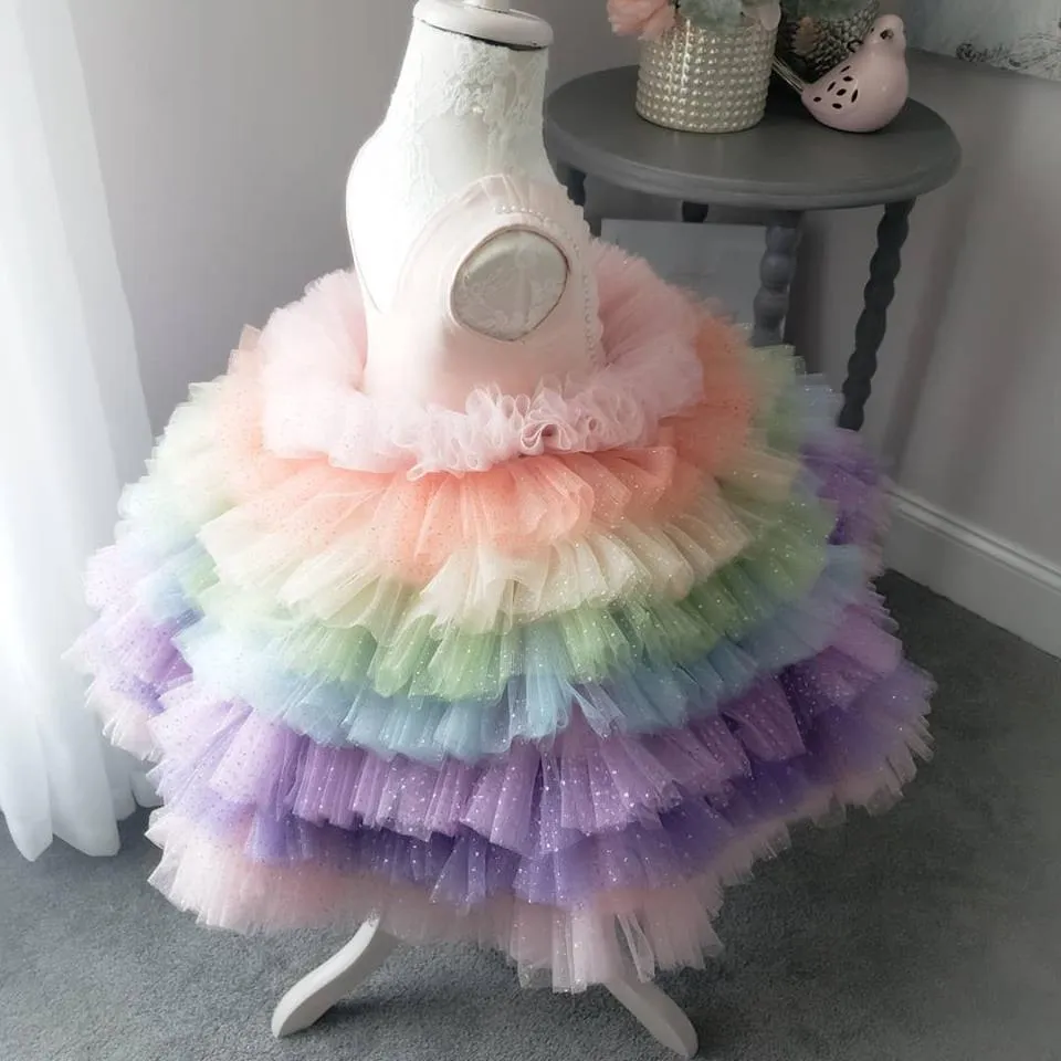 2019 Rainbow Ruffled Rainbow Tutu Dress with Layered Sequins for Little Girls - Perfect for Christmas and Holidays, Real Photo Ballgown Flower Girl