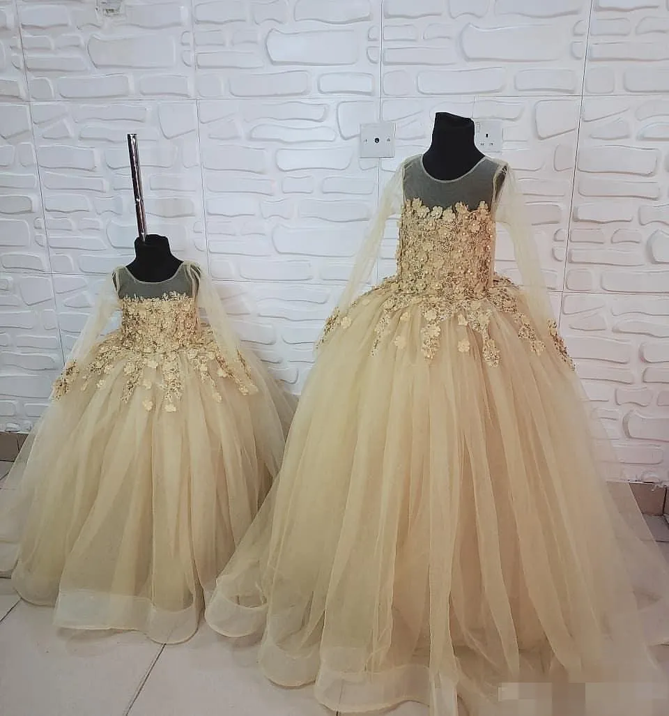 Custom Made Gold Flower Girl Princess Evening Gown With Long Sleeves