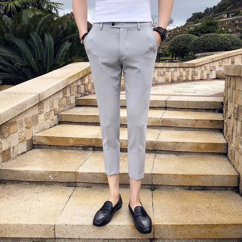 2020 negócios casual vestido calças dos homens tornozelo comprimento cor sólida magro terno panelas marca formal streetwear calças pantalon homme232a