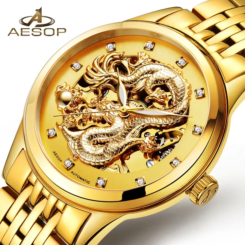 Aesop Dragon Watch Men Luxury Gold Automatic Mechanical Watch Sapphire Golden Men's Wristwatch Mane Clock Men Relogio Masculi312d