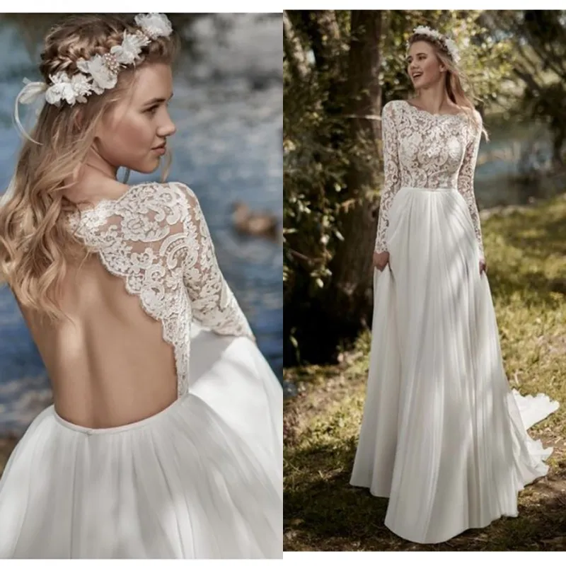 Boho manga larga una línea vestido de novia 2020 Robe de mariee Top de encaje Vintage nuevo vestido de novia de manga larga sin espalda vestidos de novia de gasa