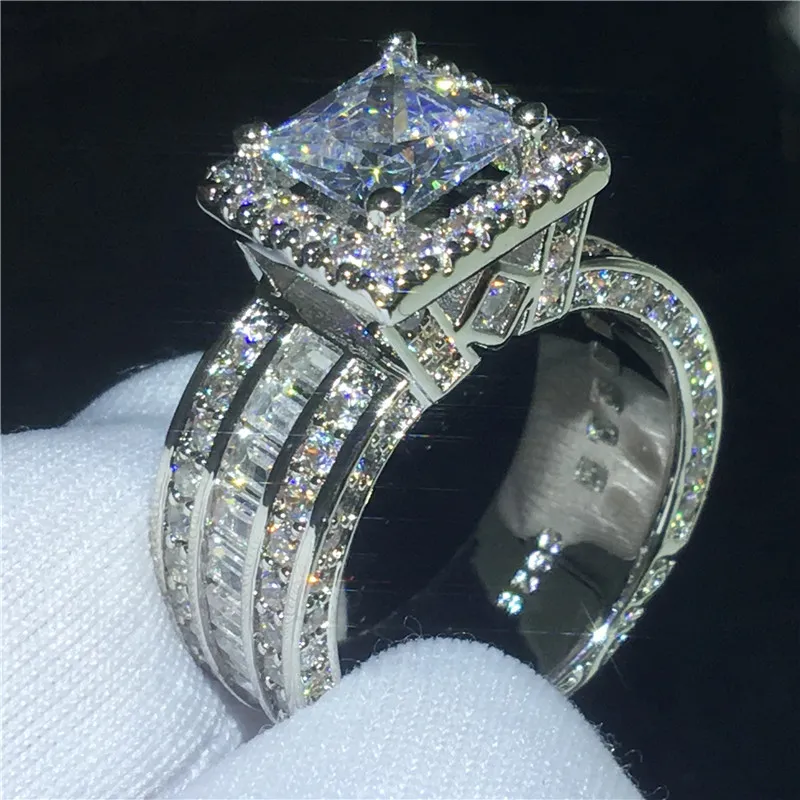 Vecalon ヴィンテージリング 925 スターリングシルバープリンセスカット 3ct ダイヤモンド Cz 婚約結婚指輪リング女性のための指ジュエリー