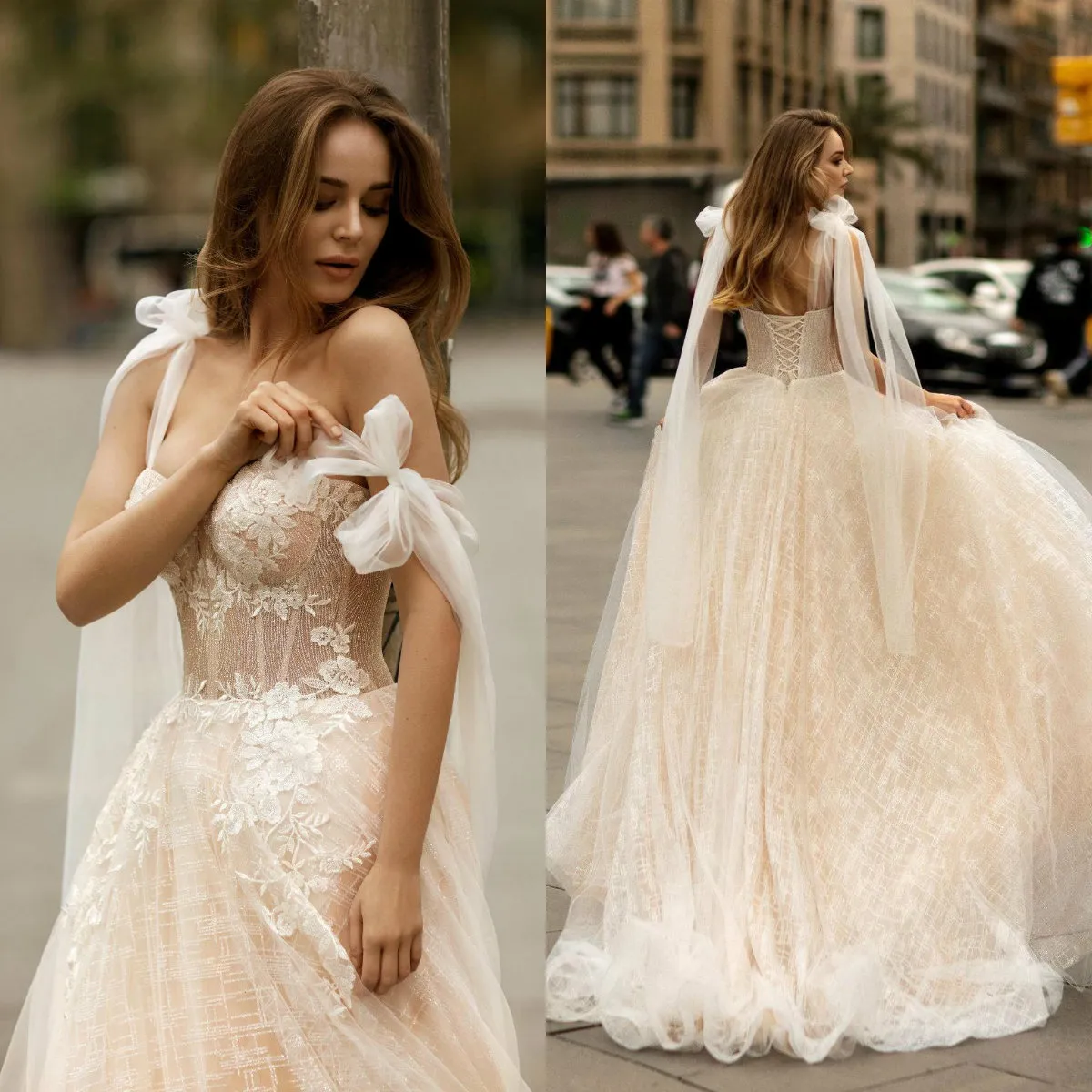 Романтическая линия, Свадебные платья 2020 бретельках Иллюзия Корсет Top Appliqued Тюль Бич Bridals мантий Vestidos De Noiva Plus Size