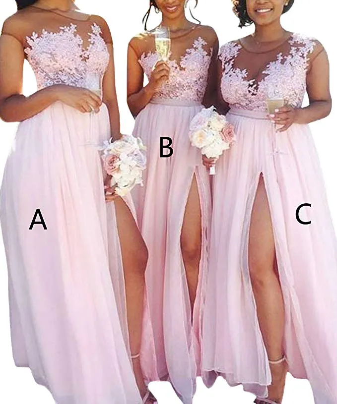 2023 Fashion Pink A Line Chiffon Bridesmaid Dress Lace Applique Prom Dress Illusion Neck High Slit Beach Formal Evening Gowns Party Long Dresses For Weddings Guests