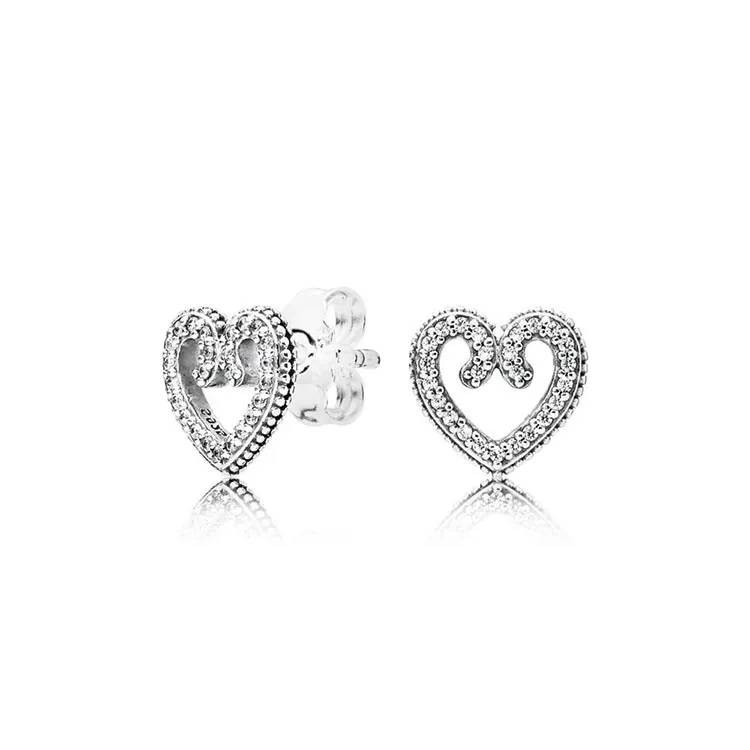 Women's Authentic 925 Silver Love Heart Stud Earrings for Pandora CZ Diamond Wedding Jewelry Earring with Original box Set