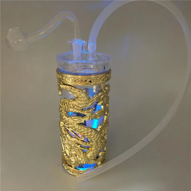 Gold und Silber Double Dragon LED Shisha 4,3 Zoll Bohrinselbongs Zusammengebaute tragbare Filterrauchwasserpfeifen mit Kunststoffschaufel