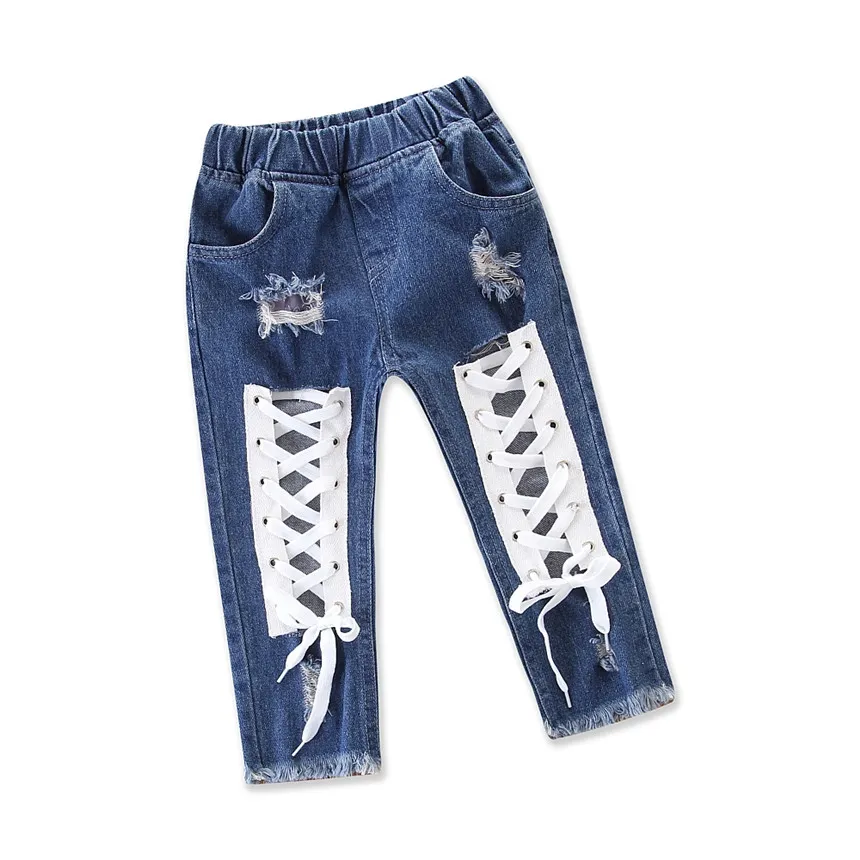 Baby Fashion Girls Jeans Cool Bandage Hole Trousers Kids Denim Pants Toddler Girl Casual Clothes Children Clothing Size 1-5Y