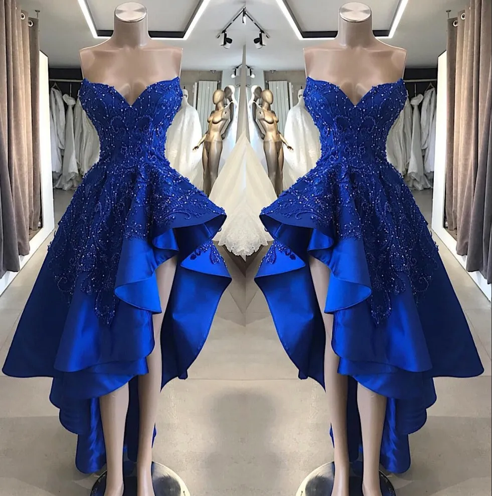 Royal Blue Strapless Satin A Line Lange Prom Dresses 2019 Kralen Stones Hoge Lage Formele Partij Slijtage Avondjurken BC1866