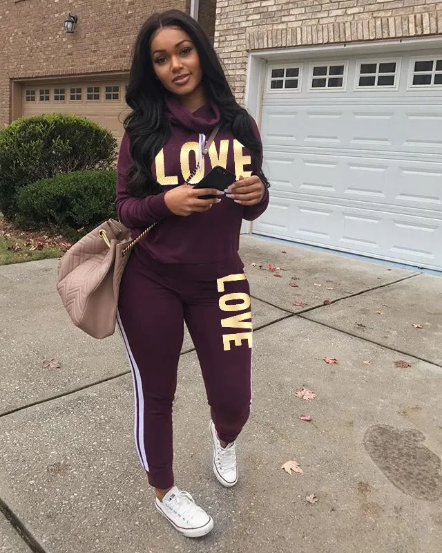 Womens Sport Tracksuit Hoodies And Pants Set Solid Color Jogger