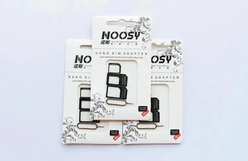 Noosy Nano SIM -kortadapter 4 i 1 Mikro -tillbehör med utkast Pin -nyckelhandelspaket för iPhone 5/5S/6/6S/14/13/11 Pro Max Max