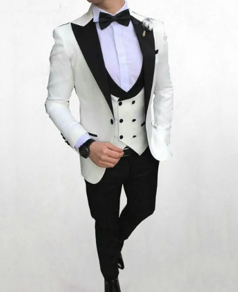 New Arrival One Button Ivory Groom Tuxedos Peak Lapel Men Wedding Party Groomsmen 3 pieces Suits (Jacket+Pants+Vest+Tie) K155