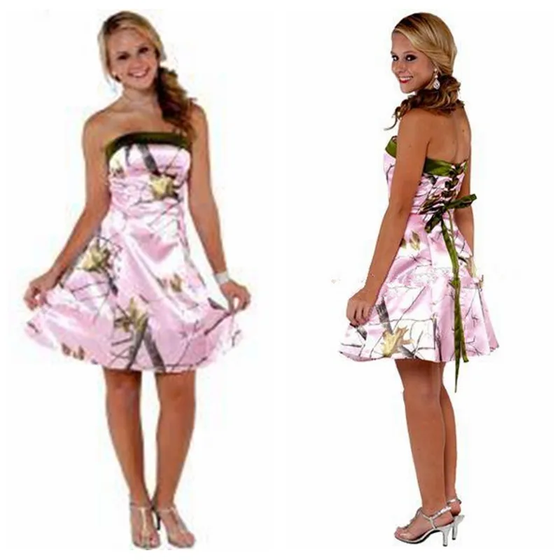 Strapless A-Lijn Roze Camo Bruidsmeisjes Jurken Korte Knielengte Camouflage Bruidsmeisje Party Jurken Goedkope Jurken