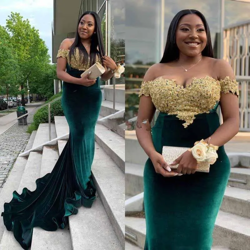 Elegancki Afryki Plus Size Velvet Mermaid Prom Dresses Dla Czarnych Dziewczyn Off Ramię Złote Aplikacje Koraliki Formalna Suknie Wieczór Party Suknie