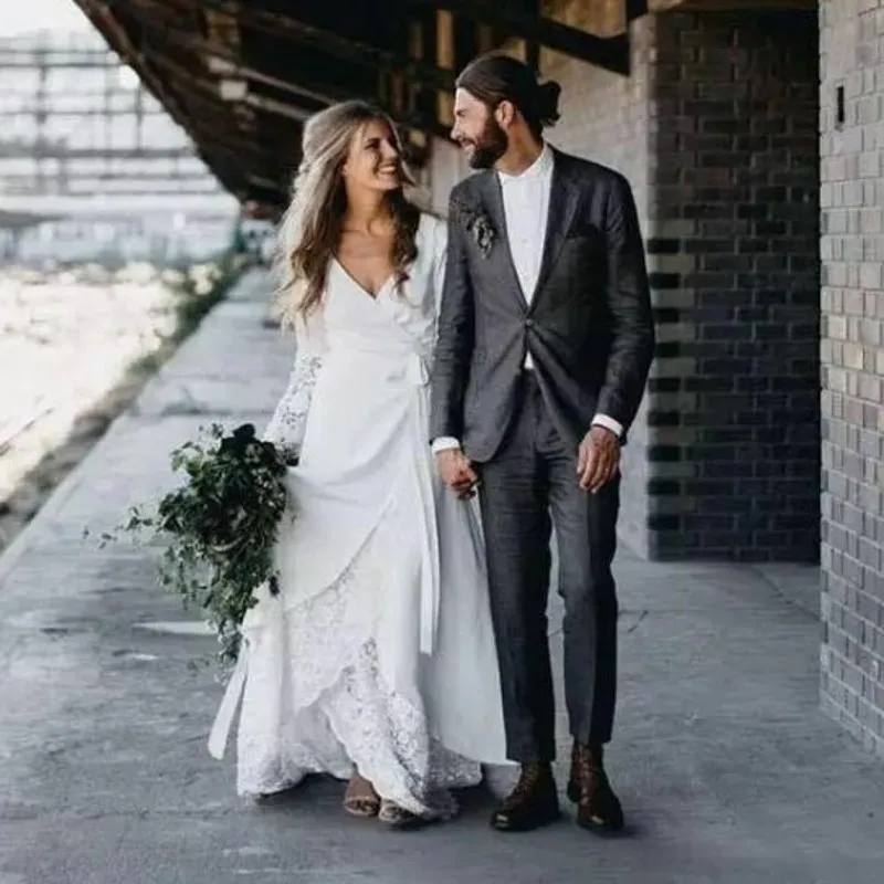 Blanc une ligne dentelle Boho robes de mariée col en V manches longues plage robes de mariée en mousseline de soie à plusieurs niveaux bohème vestido de novia