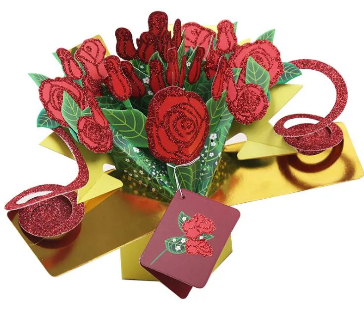 3D Rose Greeting Card 3D Pop -Up Glitter Rose Message Karta na Walentynki Creative Gift1230r