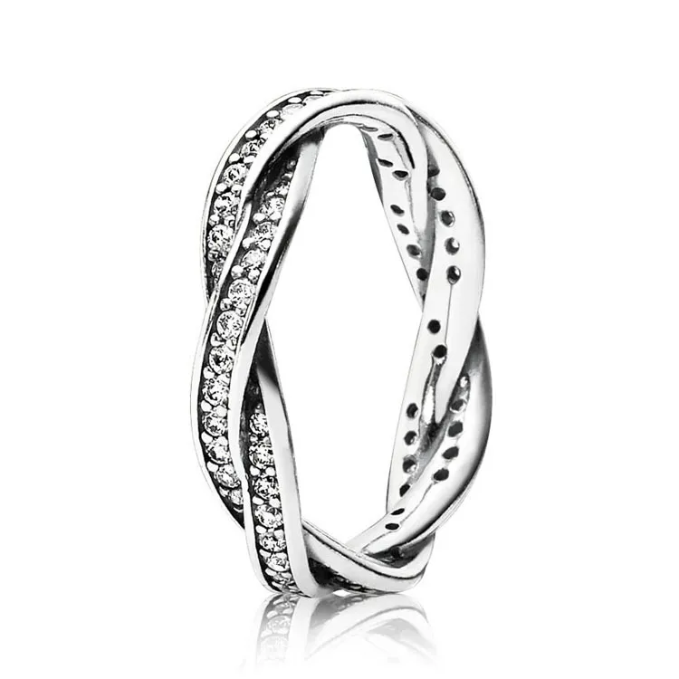 100 % 925 스털링 실버 스파클링 트위스트 라인 반지 Pandora 18K 로즈 골드 CZ 다이아몬드 럭셔리 디자이너 여성 반지 세트