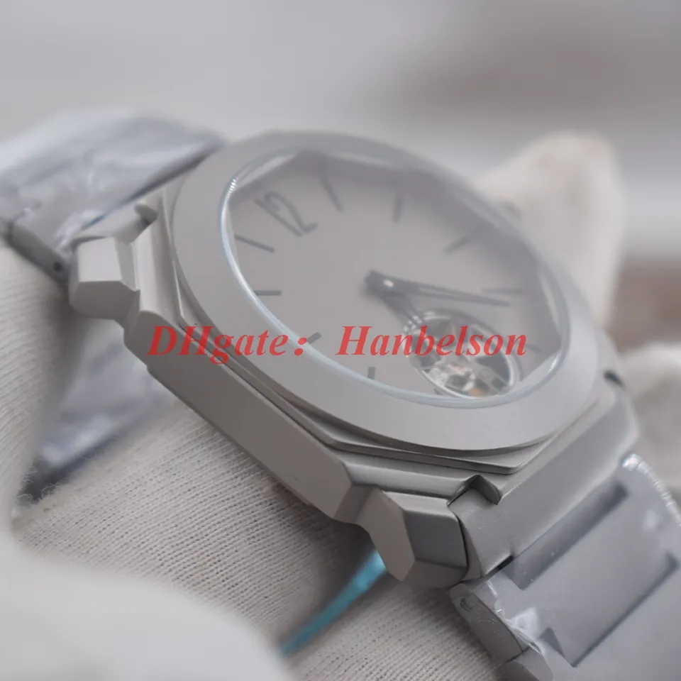 wholesale 그레이 남성 시계 Luxusuhr 티타늄 스틸 스트랩 Tourbillon 다이얼 automatische uhr 기계식 유리 바닥 41mm 손목 시계