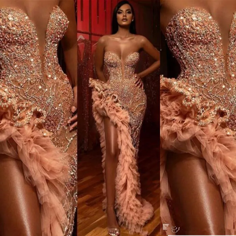 2020 Sexy pêssego vestidos de noite desgaste para mulheres sereia querida cristal frasco frito lateral lado split chão comprimento formal vestido de baile vestido de festa