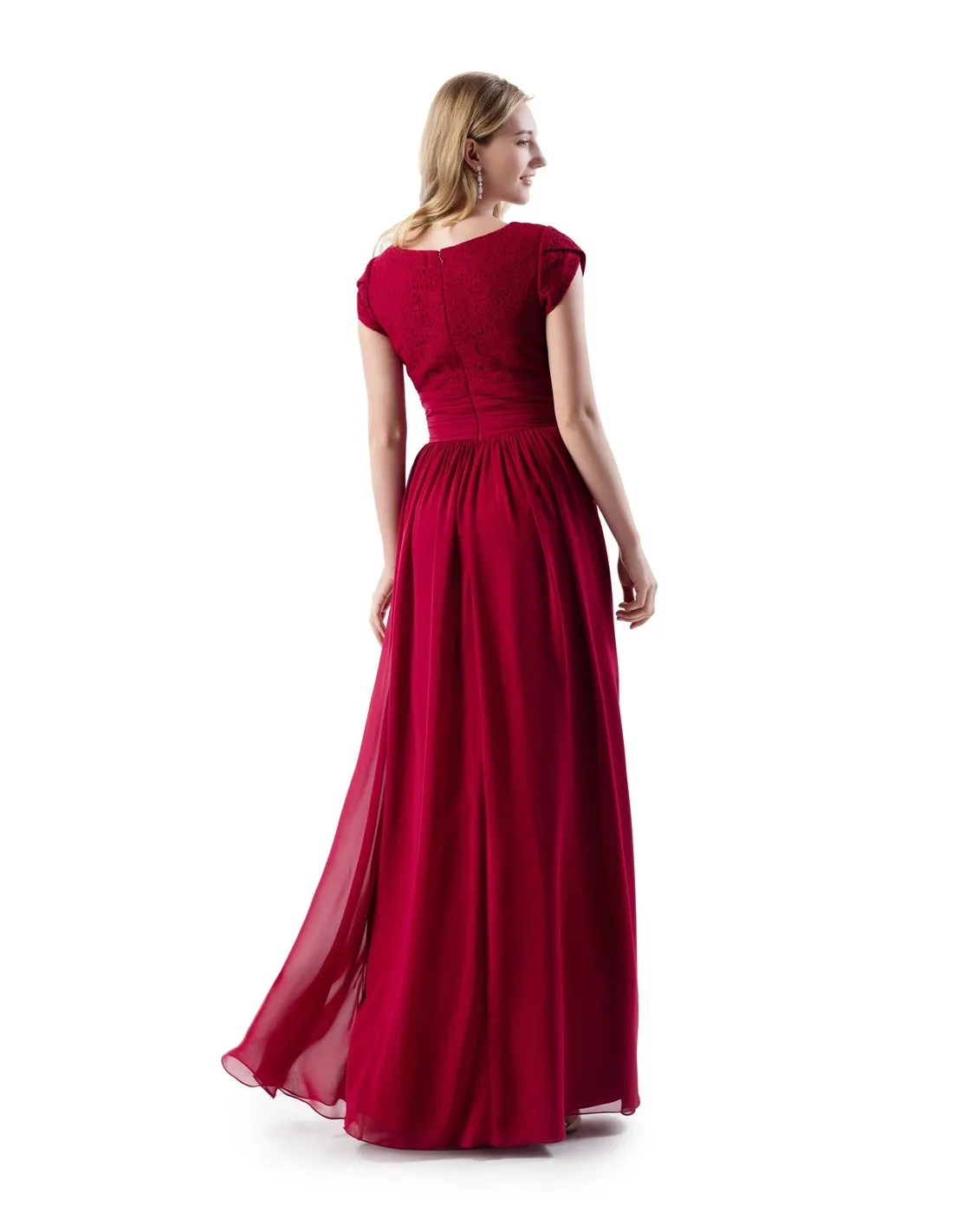 Simple Dark Red A line Lace Chiffon Long Modest Prom Dress With Cap Sleeves Sweetheart Floor Length Modest Bridesmaid Dress