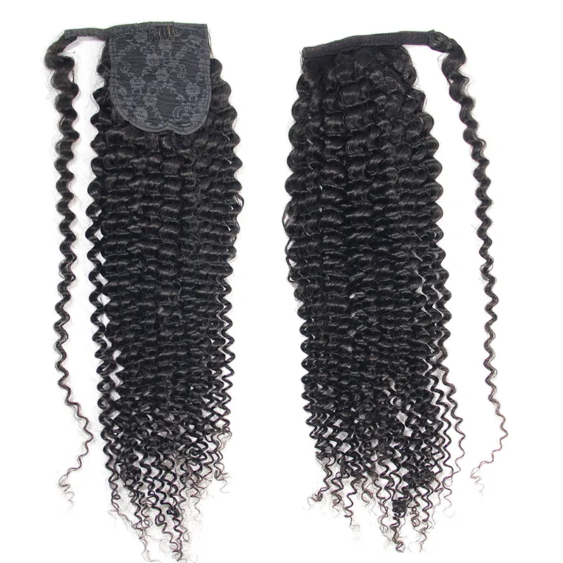 Clipe em Rabo de extensão longa reta Kinky Grosso encaracolado Fluffy cabelo Pony Cauda Wrap Around 24 polegadas - preto