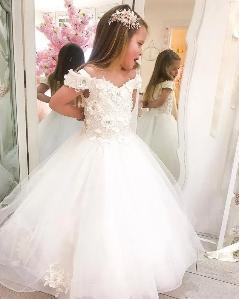 Bianco Pizzo Flower Girl Abiti Off Spalla 3D Floral Appliques Perline Principessa bambina Pageant Gown First Communione Dress