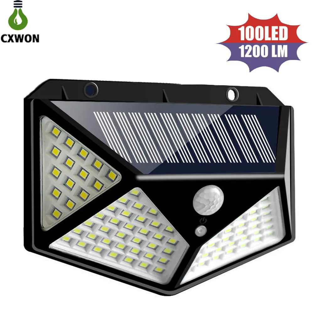 Szeroki kąt Lampy słoneczne 100leds 1200LM Outdoor LED Ogrodnicze Światło PIR Motion Sensor Montowane światło