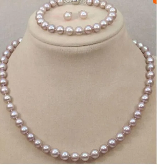 SPEDIZIONE GRATUITA + Genuine 8-9mm Lavanda Akoya Collana di perle d'acqua dolce Bracciale Orecchini Un set di gioielli da sposa da donna Abbastanza
