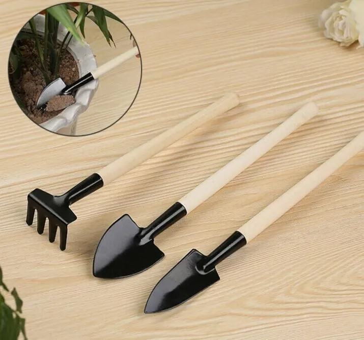 3 adet Mini Kürek Tırmık Set Taşınabilir Bahçe Aracı Bonsai Araçları Ahşap Saplı Metal Kafa Kürek Tırmıkları Maça Çiçekler Saksı Bitkileri için K238