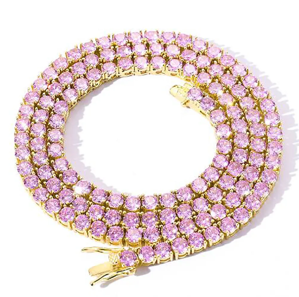 Solitario Collana con catena da tennis da 4 mm Finitura in argento dorato Diamanti da laboratorio viola rosa 18-24 '' Collana con catena da tennis con 1 fila di diamanti in zirconia