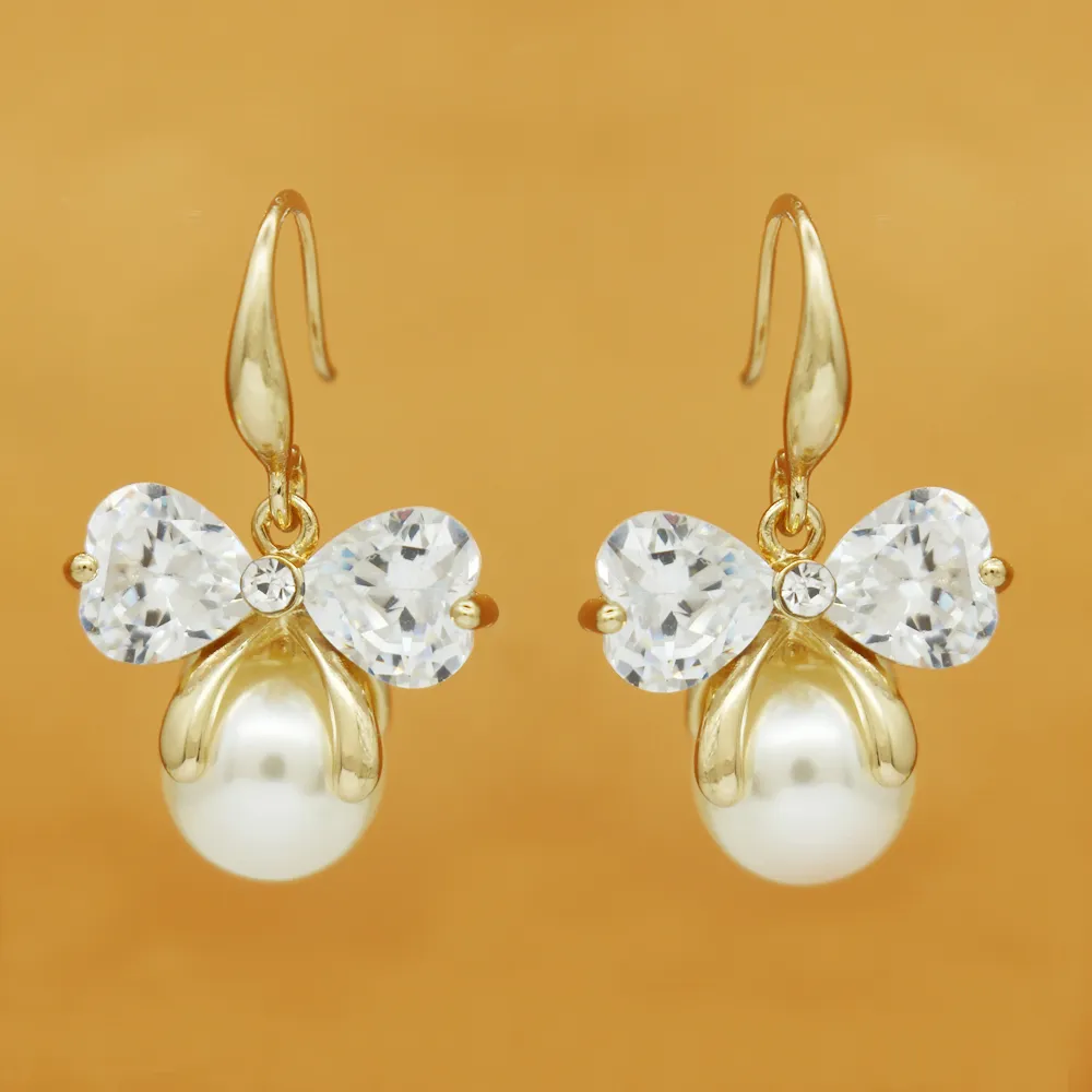 Fashion S925 Silver Earrings Crystal Bow Pearl Beads Earrings Women Earring Temperament Simple Wild