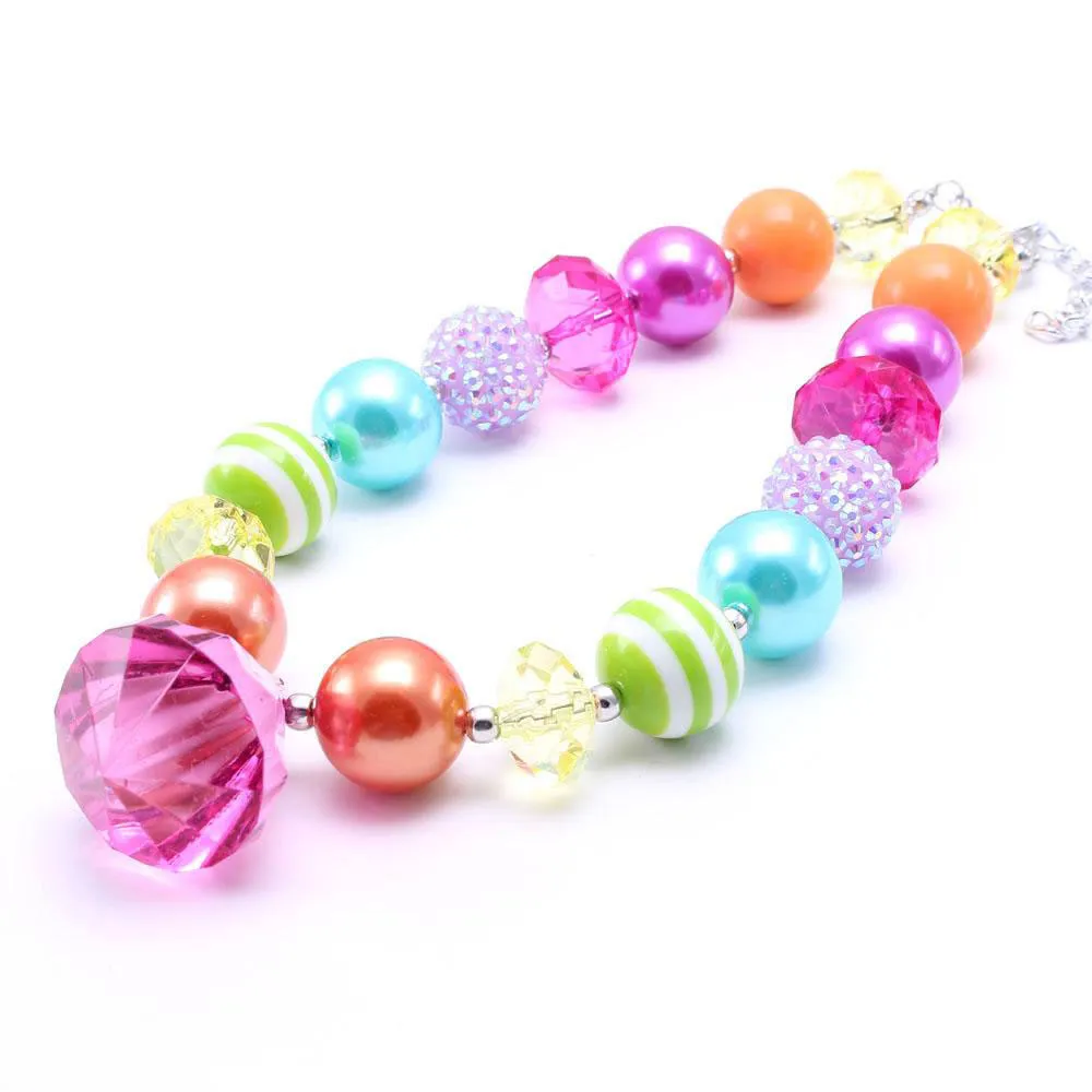 Multicolor Design Kid Chunky Necklace Diamond Pendant Bubblegum Bead Chunky Necklace Children Jewelry For Toddler Girls