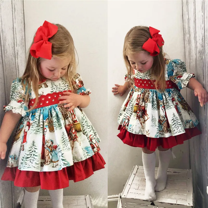 Retro barn baby flicka jul prinsessan klänning santa claus print puff mose spets tillbaka båge fest boll gown swing klänning 1-6y