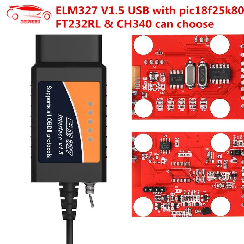 ELM327 V1.5 USB С PIC18F25K80 Чип PL2303 Driver IC OBDII FT232RL.