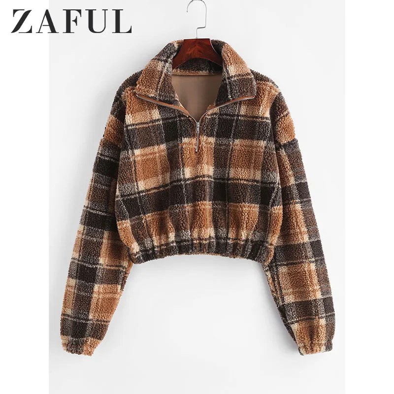 Zaful Sonbahar Kış Polar Faux Kürk Ekose Hoodies Kadınlar Fermuar Gevşek Casual Tişörtü Kadın Kalınlaşmak Sıcak Yumuşak Peluş Kazak