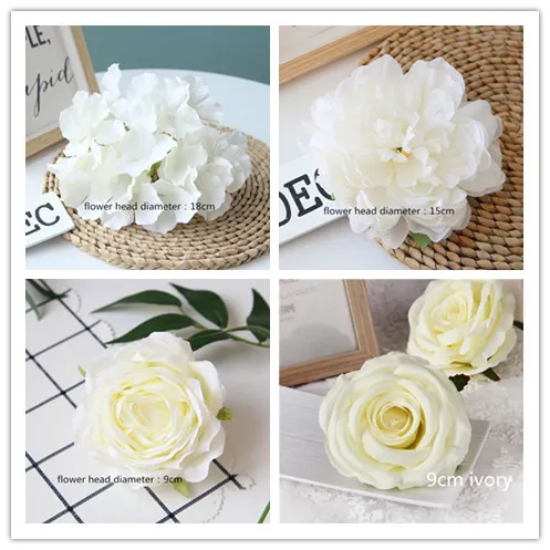 100pcs White Color Artificial Flower Head Wedding Rose Peony Hydrangea Bridal Bouquet Wedding Decoration DIY Home Party Fake Flowers