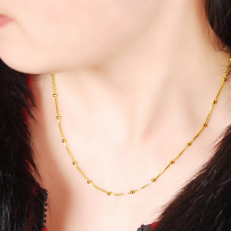 Collier de perle or de couleur or pur entier 24k Gol GP Chaîne de boîte 2 mm avec colliers de balles 45 cm de long Collier d'amour2597291