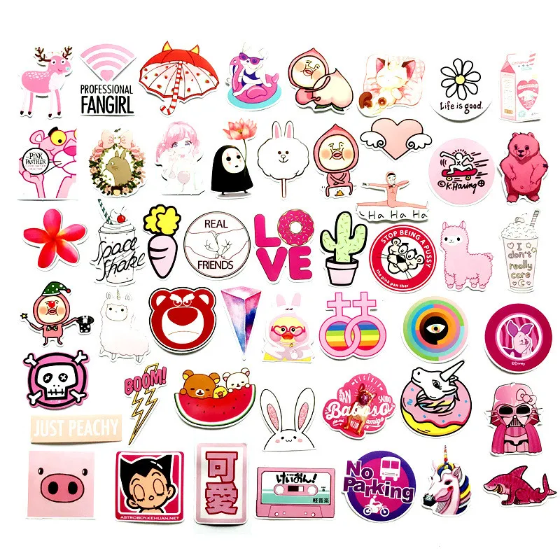 50 Pcs PVC Waterproof Vsco Girls Kawaii Pink Fun Sticker Toys Luggage Stickers for Moto Car & Suitcase Cool Fashion Stickers